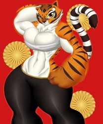  absurd_res anthro big_breasts breasts chest_wraps chinese_zodiac cleavage clothed clothing dreamworks felid female half_naked hand_on_head hand_on_hip hi_res kung_fu_panda kyelyn_(artist) mammal master_tigress muscular muscular_anthro muscular_female neck_tuft pantherine simple_background solo thick_thighs tiger tuft wraps year_of_the_tiger 