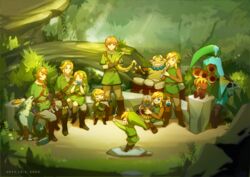  6+boys artist_name belt blonde_hair blue_eyes boots brown_hair commentary conductor conductor_baton cuffs dated deku drum earrings fingerless_gloves flute forest gloves goron green_headwear green_tunic grin harp highres instrument jewelry link looking_at_another male_focus multiple_boys multiple_persona music nature ocarina playing_instrument pointy_ears rock ruru_(lulubuu) shackles sidelocks smile the_legend_of_zelda the_legend_of_zelda:_majora&#039;s_mask the_legend_of_zelda:_ocarina_of_time the_legend_of_zelda:_oracle_of_ages the_legend_of_zelda:_oracle_of_seasons the_legend_of_zelda:_skyward_sword the_legend_of_zelda:_the_wind_waker the_legend_of_zelda:_twilight_princess toon_link white_hair wind_waker_(object) wolf wolf_link young_link zora 