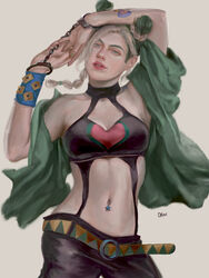  absurdres arm_up artist_name belt birthmark blonde_hair braid breasts butterfly_tattoo coat commentary_request cuffs danart14020 double_bun female green_eyes green_hair green_nails hair_bun handcuffs highres interlocked_fingers joestar_birthmark jojo_no_kimyou_na_bouken kujo_jolyne long_hair looking_at_viewer medium_breasts multicolored_hair navel navel_piercing own_hands_together piercing pink_lips realistic smile solo stone_ocean tattoo two-tone_hair 