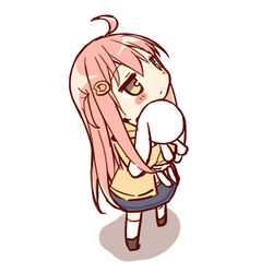  ahoge ayanepuna black_footwear black_skirt blush_stickers brown_eyes brown_jacket chibi closed_mouth commentary_request female full_body hair_between_eyes hair_ornament hood hood_down hooded_jacket hugging_object ii_(ayanepuna) jacket jitome long_hair looking_away looking_up lowres original pink_hair shadow shirt shoes simple_background skirt solo standing stuffed_animal stuffed_rabbit stuffed_toy thighhighs two_side_up very_long_hair white_background white_shirt white_thighhighs 