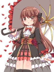  bow brown_eyes brown_hair cougar_(cougar1404) crinoline dress female frills long_hair looking_at_viewer magia_record:_mahou_shoujo_madoka_magica_gaiden magical_girl mahou_shoujo_madoka_magica petals ribbon satomi_touka simple_background skirt solo thighhighs umbrella 