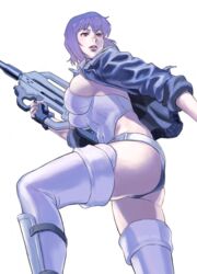  assault_rifle azasuke blue_jacket breasts covered_nipples female from_side ghost_in_the_shell gun holding holding_gun holding_weapon jacket kusanagi_motoko large_breasts leotard medium_hair open_clothes open_jacket parted_lips purple_hair purple_thighhighs red_eyes rifle shin_guards sideboob simple_background skindentation solo standing thighhighs weapon white_background white_leotard 