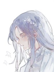  1boy androgynous bug butterfly cianjintianyeyaopohaigouqian closed_eyes eyelashes flower from_side grey_hair hair_flower hair_ornament highres long_hair male_focus parted_bangs profile sky:_children_of_the_light solo straight_hair teth_(sky:_children_of_the_light) tied_hair upper_body white_background white_butterfly white_flower white_hair 