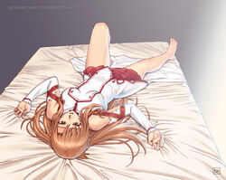  absurdres asuna_(sao) azasuke bare_legs barefoot breasts brown_eyes brown_hair detached_sleeves dress female from_behind hair_spread_out highres long_hair long_sleeves lying medium_breasts miniskirt no_armor on_back on_bed outstretched_arms parted_lips pleated_skirt red_skirt short_dress signature skirt solo spread_arms sword_art_online upside-down white_dress 