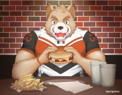  anthro burger canid canine canis clothing domestic_dog food fries gaouu hamburger_bun male mammal pongotora rugby shiba_inu solo spitz tora_(pongotora) uniform 