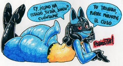  2020 ambiguous_gender anthro ass big_butt biped black_hair black_markings blue_body crossed_ankles facial_markings full-length_portrait generation_4_pokemon gloves_(marking) hair half-closed_eyes hand_on_chin head_markings leg_markings lucario lying markings mask_(marking) narrowed_eyes nintendo on_front parasitedeath pear-shaped_figure pokemon pokemon_(species) portrait red_eyes side_view signature smile socks_(marking) solo spanish_text text thick_thighs traditional_media_(artwork) translated wide_hips 