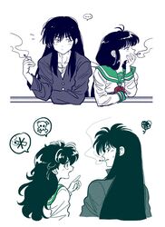  ... 1boy 2girls against_railing age_comparison between_fingers blunt_bangs bored cigarette contemporary eye_contact hand_on_own_chin hand_up highres higurashi_kagome holding holding_cigarette inuyasha inuyasha_(character) jungyun99 kikyou_(inuyasha) korean_commentary long_hair long_sleeves looking_at_another looking_away low_ponytail multiple_girls multiple_views open_mouth pointing ponytail profile railing school_uniform scolding serafuku sidelocks sideways_glance simple_background skull_and_crossbones smoke smoking spoken_ellipsis spoken_object spoken_skull squiggle sweatdrop upper_body white_background 