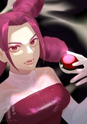  absurdres artist_name bare_shoulders breasts commentary_request dress elbow_gloves eyelashes fantina_(pokemon) female gloves hand_up highres holding holding_poke_ball long_hair lower_teeth open_mouth poke_ball poke_ball_(basic) pokemon pokemon_(game) pokemon_dppt purple_dress purple_hair quad_tails red_eyes sizuru_(garasuame0206) solo teeth tongue upper_body watermark white_gloves 