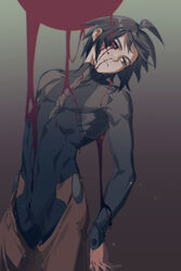  1boy ahoge black_bodysuit black_hair blood blood_from_eyes blood_from_mouth blood_in_hair blood_on_arm blood_on_clothes blood_on_face blue_eyes bodysuit chaps circle colored_sclera commentary cowboy_shot dripping empty_eyes english_commentary gradient_background gundam gundam_tekketsu_no_orphans head_tilt highres light_particles long_sleeves looking_away male_focus mikazuki_augus mismatched_sclera parted_lips red_sclera short_hair sideways_glance solo sumooo_(ga_ilil) 