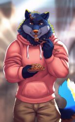  2022 5_fingers amber_eyes anthro blue_body blue_fur canid canine canis chopsticks claws clothed clothing countershade_face countershading digital_media_(artwork) eyebrows fingers food fully_clothed fur hair hoodie japanese_food khaki_pants looking_at_food looking_at_object male mammal markings neck_tuft noviraine orange_markings orange_nose orsutin pink_clothing pink_hoodie pink_topwear short_hair signature smile solo takoyaki tongue tongue_out topwear tuft wolf 