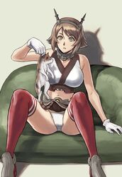  animal assisted_exposure azasuke bare_shoulders bean_bag_chair breasts brown_hair brown_skirt feline female gloves green_eyes headgear holding holding_animal holding_cat kantai_collection large_breasts miniskirt mutsu_(kancolle) panties pantyshot parted_lips red_thighhighs short_hair sitting skirt solo spread_legs thighhighs underwear white_gloves white_panties 