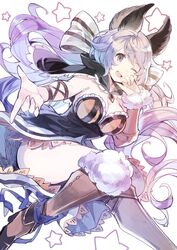  ;d animal_ears black_capelet blush boots breasts brown_footwear capelet cleavage feet_out_of_frame female fur_trim granblue_fantasy hair_between_eyes hanokage highres large_breasts long_hair looking_at_viewer low_twintails one_eye_closed open_mouth purple_eyes purple_hair ribbon satyr_(granblue_fantasy) simple_background smile solo star_(symbol) twintails very_long_hair white_background 