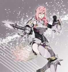  &eacute;clair_farron aiming aiming_at_viewer armor armored_leotard asymmetrical_hair belt feathers feet_out_of_frame female final_fantasy final_fantasy_xiii final_fantasy_xiii-2 greaves gunblade highres looking_at_viewer pink_hair pointing_weapon r3dfive serious shield solo standing weapon 