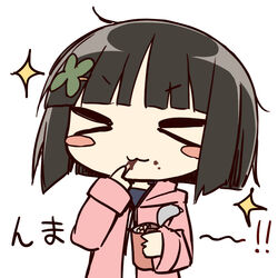  &gt;_&lt; ayanepuna black_hair black_ribbon blush_stickers closed_eyes clover_hair_ornament commentary_request drooling eating female four-leaf_clover_hair_ornament hair_ornament hairclip holding hood hood_down hooded_jacket jacket long_sleeves neck_ribbon open_clothes open_jacket original pink_jacket ribbon saliva shirt simple_background solo translation_request upper_body white_background white_shirt 