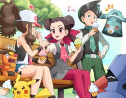  1boy 2girls aqua_eyes baseball_cap bench black_hair black_vest blue_shorts blush bronzong brown_hair closed_eyes collared_shirt denim denim_shorts dress eating feeding food green_hair grey_dress happy hat heart hilda_(pokemon) holding holding_food ice_cream licking long_hair long_sleeves multicolored_hair multiple_girls musical_note necktie nosepass on_bench open_mouth pantyhose pikachu pink_eyes pink_legwear poke_ball_print pokemoa pokemon pokemon_(creature) pokemon_bw pokemon_dppt pokemon_oras pokemon_platinum ponytail roxanne_(pokemon) shirt short_sleeves shorts sitting smile tepig thorton_(pokemon) twintails two-tone_hair vest white_shirt wristband 