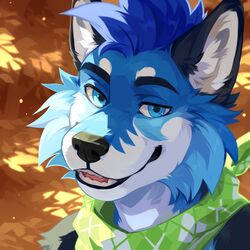  1:1 absurd_res anthro black_body black_fur blue_body blue_eyes blue_fur blue_hair bust_portrait canid canine canis cheek_tuft corzh77 facial_tuft fangs fur glistening glistening_eyes green_kerchief green_neckerchief hair hi_res kerchief leaf looking_at_viewer male mammal narrowed_eyes neckerchief plant portrait red_tongue short_hair smile solo teeth tongue tree tuft unsigned white_body white_fur wolf 