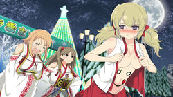  3girls :d ahoge armpits bare_shoulders blonde_hair blush breasts brown_eyes brown_hair building christmas city cleavage collarbone double_bun drawn_on_eyes earrings full_moon hair_between_eyes hair_bun hair_ornament hairclip hakama hakama_skirt hanabi_(senran_kagura) highres japanese_clothes jewelry kafuru_(senran_kagura) lamppost large_breasts laughing long_hair long_sleeves low_twintails medium_breasts miko moon multiple_girls navel night night_sky official_art open_mouth outdoors purple_eyes red_hakama renka_(senran_kagura) ribbon senran_kagura senran_kagura_estival_versus short_hair skirt sky skyscraper smile star_(sky) starry_sky tears tree twintails wide_sleeves yaegashi_nan 