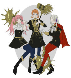  3girls annette_fantine_dominic axe aymr_(fire_emblem) bad_id bad_twitter_id blue_eyes blue_thighhighs cape closed_mouth commentary crusher_(weapon) edelgard_von_hresvelg fire_emblem fire_emblem:_three_houses freikugel_(weapon) garreg_mach_monastery_uniform gloves grey_hair hair_ribbon hammer hands_on_hilt hands_up high_heels highres hilda_valentine_goneril holding holding_axe holding_hammer holding_weapon long_hair long_sleeves looking_at_viewer looking_to_the_side multiple_girls orange_hair own_hands_together pantyhose pink_eyes pink_hair planted planted_axe purple_eyes red_cape red_pantyhose ribbon side_cape sideways_glance simple_background symbol-only_commentary thighhighs twintails two-handed uniform vo1ez weapon white_gloves 