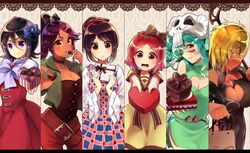  6+girls :d alternate_costume bad_id bad_pixiv_id bag belt black_dress black_hair bleach blonde_hair bow box box_of_chocolates breasts brown_eyes cake candy chocolate chocolate_cake choker cleavage cleavage_cutout clothing_cutout commentary_request dark-skinned_female dark_skin dress eating facial_mark food fur-trimmed_dress fur_trim green_dress green_eyes green_hair hair_ribbon hairbow heart heart-shaped_box heart-shaped_cake heart-shaped_chocolate highres hinamori_momo huge_breasts kuchiki_rukia kusajishi_yachiru large_belt large_breasts long_hair multiple_girls nelliel_tu_odelschwanck open_mouth pants partial_commentary pink_eyes ponytail purple_eyes purple_hair red_dress red_hair ribbon shihouin_yoruichi short_dress short_hair side_slit skull_on_head smile tier_harribel umi_(pixiv6861961) valentine yellow_dress yellow_eyes 