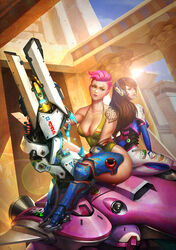  2girls absurdres alternate_costume alternate_eye_color arm_tattoo armor armored_boots bare_shoulders between_legs blue_eyes blue_footwear blue_gloves bodysuit boots breasts brown_hair casual_one-piece_swimsuit cleavage closed_mouth commentary d.va_(overwatch) emblem energy_gun english_commentary eyelashes facepaint facial_mark fingerless_gloves fingernails gloves gravity_gun green_one-piece_swimsuit gun hand_between_legs headphones highres holding holding_gun holding_weapon knee_boots kneeling large_breasts lens_flare lips lipstick logo long_hair long_sleeves makeup mecha medium_breasts meka_(overwatch) multiple_girls nail_polish one-piece_swimsuit overwatch overwatch_1 parted_lips pauldrons photoshop_(medium) pilot_suit pink_hair pink_lips pink_nails railgun ribbed_bodysuit robot scar scar_across_eye scar_on_face short_hair shoulder_armor shoulder_pads sitting skin_tight smile swimsuit tattoo tdark135 thigh_boots thighhighs thrusters turtleneck weapon whisker_markings zarya_(overwatch) zipper 