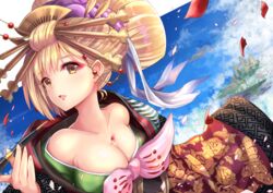  animal_print bandit_tycoon_(granblue_fantasy) bare_shoulders big_hair blonde_hair blue_sky breasts butterfly_print cleavage cloud collarbone commentary_request day djeeta_(granblue_fantasy) eyebrows eyeshadow female floating_island floral_print granblue_fantasy hair_ornament hair_stick holding japanese_clothes kanzashi kimono kiseru kojitsunagi_(pattern) long_sleeves makeup medium_breasts nihongami off_shoulder oiran open_mouth petals rose_print short_hair sky smoking_pipe solo u_rin wide_sleeves yellow_eyes 