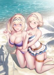  2girls alternate_breast_size alternate_costume bare_shoulders barefoot beach bikini bikini_skirt blonde_hair blue_eyes blush breasts brown_eyes cementite cleavage closed_mouth clothing_cutout collarbone commentary day djeeta_(granblue_fantasy) djeeta_(summer)_(granblue_fantasy) embarrassed feather_hair_ornament feathers flower from_above front-tie_bikini_top front-tie_top granblue_fantasy hair_between_eyes hair_flower hair_ornament hair_ribbon hairband highres hug hug_from_behind jeanne_d&#039;arc_(granblue_fantasy) jeanne_d&#039;arc_(summer)_(granblue_fantasy) kneeling large_breasts long_hair looking_at_another medium_breasts multiple_girls navel navel_cutout ocean official_alternate_costume one-piece_swimsuit open_mouth outdoors ponytail purple_bikini ribbon sand sand_castle sand_sculpture short_hair side-tie_bikini_bottom sidelocks swimsuit thigh_strap thighs water white_flower white_one-piece_swimsuit yuri 