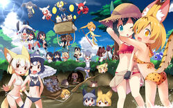  6+girls absurdres african_wild_dog_(kemono_friends) alpaca_suri_(kemono_friends) american_beaver_(kemono_friends) animal_ears balloon bikini black-tailed_prairie_dog_(kemono_friends) black_gloves blonde_hair blood blue_sky brown_bear_(kemono_friends) brown_eyes campo_flicker_(kemono_friends) cat_ears cellien_(kemono_friends) cloud commentary_request common_raccoon_(kemono_friends) day emperor_penguin_(kemono_friends) eurasian_eagle_owl_(kemono_friends) everyone extra_ears ezo_red_fox_(kemono_friends) fennec_(kemono_friends) fox_ears fox_tail gentoo_penguin_(kemono_friends) gloves golden_snub-nosed_monkey_(kemono_friends) green_eyes grey_bikini grey_hair grey_wolf_(kemono_friends) hair_between_eyes hat head_wings highres hippopotamus_(kemono_friends) hug humboldt_penguin_(kemono_friends) jaguar_(kemono_friends) japanese_crested_ibis_(kemono_friends) kaban_(kemono_friends) kemono_friends kinniku_buster kneepits lion_(kemono_friends) long_hair looking_at_viewer makuran margay_(kemono_friends) moose_(kemono_friends) multicolored_hair multiple_girls nature northern_white-faced_owl_(kemono_friends) nosebleed one_eye_closed orange_eyes outdoors paw_stick print_bikini raccoon_ears raft red_bikini reticulated_giraffe_(kemono_friends) rockhopper_penguin_(kemono_friends) royal_penguin_(kemono_friends) sand_cat_(kemono_friends) scarlet_ibis_(kemono_friends) serval_(kemono_friends) serval_print shoebill_(kemono_friends) short_hair silver_fox_(kemono_friends) sky small-clawed_otter_(kemono_friends) straw_hat swimsuit tail tree tsuchinoko_(kemono_friends) water white_bikini wings 