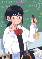  aragon_honnin arrow_(symbol) bad_id bad_tumblr_id beaker black-framed_eyewear black_hair black_sweater blush bow bowtie bunsen_burner buttoned_cuffs buttons chalkboard closed_mouth collared_shirt female food freckles glasses highres holding holding_ladle indoors jacket jimiko karumeyaki lab_coat laboratory ladle liquid liquid-in-glass_thermometer long_hair long_sleeves looking_at_viewer low_ponytail mortar_(bowl) open_clothes open_jacket original over-rim_eyewear paper ponytail powdered_sugar red_bow red_bowtie school_uniform semi-rimless_eyewear shirt smile solo spoon sweater test_tube test_tube_rack thermometer thick_eyebrows upper_body w white_shirt 