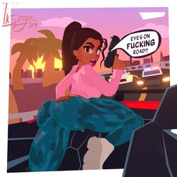  1girls 2d 2d_(artwork) 3d 3d_(artwork) angry angry_face ass ass_focus back background beach bent_knees bent_legs big_ass blue_clothing border brown_eyes brown_hair city clothed female female_focus female_only fully_clothed grand_theft_auto grand_theft_auto_vi hi_res highres hips insign34 is34 long_sleeves looking_at_viewer looking_back lucia_(gta) medium_breasts medium_hair open_mouth pale-skinned_female pale_skin palm_tree pants pink_clothing pistol police police_car ponytail pov riding sfw shirt sneakers solo sunset thighs toony translucent translucent_clothing twitter_username viewed_from_behind yelling 