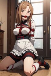  ai_generated ball_gag blush blushing bondage clothed clothed_female maid_outfit sword_art_online tied_arms tied_hands tiedup yuuki_asuna 