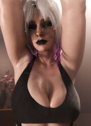  1girls 3d alternate_version_available armpit_pose armpits arms_up background bare_arms big_tiddy_goth big_titty_goth black_eyeshadow black_lipstick covered_nipples cutout dead_by_daylight dyed-hair dyed_hair eyeglasses eyeshadow facing_viewer female female_only front_view glasses glasses_on_nose green_eyes heavy_makeup hoop_earrings hoop_earrings_oversized huge_breasts indoors looking_at_viewer messy_hair mismatched_eyebrows nipples_covered non_nude pink_light presenting_armpits purple_fade_hair round_glasses sable_ward shaved_armpit shaved_armpits short_hair silver_hair small_smile smile smiling solo tank_top upper_body vexonair voluptuous voluptuous_female wild_hair 