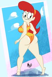  1girls ass ass_cheeks atomickingboo bea_goldfishberg big_ass big_butt disney disney_channel female fish_hooks headband humanized long_hair looking_at_ass looking_back looking_down looking_down_at_viewer one-piece_swimsuit orange_stripes red_hair redhead striped_swimsuit stripes swimsuit thick_ass thick_thighs yellow_stripes 