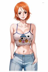  1girls ai_generated big_breasts breasts busty clothed clothing crop_top curvy exposed_midriff female female_only hands_in_pockets jeans midriff nami navel one_piece orange_hair pre-timeskip prixmal short_hair solo tank_top 