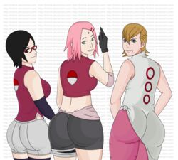  3girls ass ass_focus big_ass bike_shorts black_eyes black_hair blonde_hair boruto:_naruto_next_generations clothing curvaceous dat_ass dress female female_only from_behind fully_clothed gilf glasses grandmother_and_granddaughter green_eyes haruno_mebuki huge_ass looking_at_viewer looking_back lrslink mature mature_female milf mother_and_daughter naruto naruto_(series) naruto_shippuden older_female pants pink_hair pose posing posing_for_the_viewer presenting presenting_ass rear_view sakura_haruno sarada_uchiha shirt skimpy skimpy_clothes skirt smile spats take_your_pick teenager tight_clothing uchiha_symbol voluptuous younger_female 