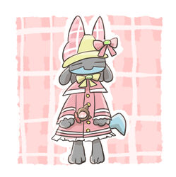  ambiguous_gender anthro black_body black_fur blue_body blue_fur border bow_hat closed_eyes clothing costume dress fur generation_4_pokemon hat headgear headwear lucario neck_bow neck_ribbon nintendo pattern_background pokemon pokemon_(species) ribbons sikai simple_background solo white_border 