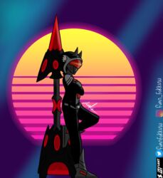  abstract_background belt boots brawlhalla clothing crossed_arms footwear fuanfokkusu full-length_portrait grey_body hi_res hood hoodie horn humanoid leaning_on_object male melee_weapon orion_(disambiguation) polearm portrait shoulder_pads side_view signature solo spear standing synthwave topwear visor weapon 