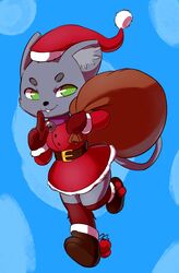  2020 ambiguous_gender anthro ashe_(starshippizza) bell bell_collar black_nose blue_body christmas clothing collar domestic_cat felid feline felis gloves green_eyes grey_body handwear hat headgear headwear hi_res holidays inner_ear_fluff mammal smile solo teece tuft 