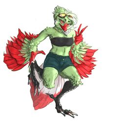  1:1 absurd_res anthro avian bandeau bird black_bandeau black_clothing black_topwear bottomwear clothing digital_drawing_(artwork) digital_media_(artwork) eyewear eyewear_on_head feathers female front_view gesture goggles goggles_on_head green_body green_feathers hand_gesture hi_res hotpants looking_at_viewer on_one_leg red_body red_eyes red_feathers red_hands red_tail_feathers shorts simple_background solo standing topwear v_sign white_background white_tail_feathers 