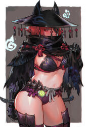  adapted_costume aoin bikini breasts cleavage cloak commentary_request covering_own_mouth fake_horns female gauntlets glowing glowing_eye half_mask hat highres horned_headwear horns looking_at_viewer mask monster_hunter:_world monster_hunter_(character) monster_hunter_(series) navel odogaron_(master_rank_armor) photoshop_(medium) red_hair solo stomach swimsuit thighhighs 