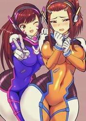  2girls animal_print blue_bodysuit bodysuit breasts brigitte_(overwatch) brown_background brown_eyes brown_hair cosplay covered_navel d.va_(overwatch) d.va_(overwatch)_(cosplay) embarrassed facepaint facial_mark freckles headphones large_breasts long_hair looking_at_viewer multiple_girls overwatch overwatch_1 pilot_suit ponytail rabbit_print ribbed_bodysuit shoulder_pads smile tobio_(honya) whisker_markings 