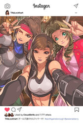  3girls abs aerith_gainsborough armor boobplate breastplate breasts brown_eyes brown_hair cleavage commentary crop_top cropped_legs detached_sleeves earrings edwin_huang final_fantasy final_fantasy_vii final_fantasy_vii_remake green_eyes group_picture headband instagram instagram_username jacket jessie_rasberry jewelry large_breasts light_brown_hair multiple_girls outstretched_arms pink_lips red_headband red_jacket selfie suspenders suspenders_gap tifa_lockhart 