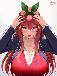  :o blazer blue_eyes breasts cleavage collarbone collared_shirt commentary dress_shirt female go-toubun_no_hanayome green_ribbons hair_between_eyes hair_ornament highres huge_breasts jacket long_hair looking_at_viewer nakano_itsuki oekakizuki open_mouth red_hair red_sweater ribbon shirt sidelocks signature solo star_(symbol) star_hair_ornament sweater white_shirt 