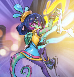  blue_hair building chameleon_girl chameleon_tail climbing colored_sclera colored_skin female foot_out_of_frame gradient_hair graffiti green_skin hair_between_eyes jacket league_of_legends looking_at_viewer multicolored_hair neeko_(league_of_legends) official_alternate_costume official_alternate_hairstyle outdoors phantom_ix_row pink_sclera purple_eyes purple_hair sidelocks solo street_demon_neeko tail two-tone_hair yellow_headwear 