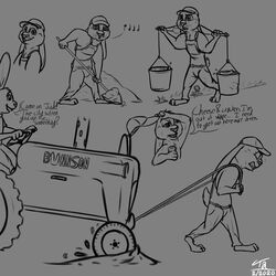  1:1 absurd_res anthro athletic bodily_fluids bucket clothed clothing conditional_dnp container dialogue disney english_text hat headgear headwear hi_res judy_hopps lagomorph leporid male mammal monochrome muscular muscular_male overalls rabbit rule_63 solo sweat tangerine_(artist) text topless tractor vehicle water zootopia 