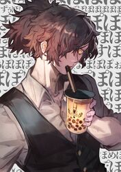  1boy alternate_costume arjuna_(fate) arjuna_alter_(fate) bubble_tea bubble_tea_challenge collared_shirt drink drinking fate/grand_order fate_(series) hair_over_one_eye highres holding koha-ace lack long_hair looking_down male_focus meme okada_izou_(fate) okada_izou_(i&#039;m_one_dapping_fella)_(fate) ponytail shirt simple_background sleeves_rolled_up solo upper_body vest white_shirt yellow_eyes 