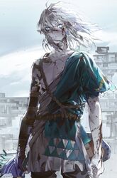  1boy archaic_set_(zelda) arm_guards arm_wrap arms_at_sides black_pants blood blood_on_arm blood_on_chest blood_on_clothes blood_on_face blood_on_hands blue_eyes body_markings building closed_mouth cuts day earrings flower frown grey_hair hair_between_eyes hair_down holding holding_sword holding_weapon injury jewelry link looking_at_viewer male_focus master_sword medium_hair messy_hair outdoors overcast pants pointy_ears rope scar scar_on_arm scar_on_chest scar_on_face scar_on_hand scar_on_neck shirt short_sleeves sidelocks single-shoulder_shirt single_bare_shoulder sky solo starstruckdon sword the_legend_of_zelda the_legend_of_zelda:_tears_of_the_kingdom torn_clothes torn_sleeves weapon wind 