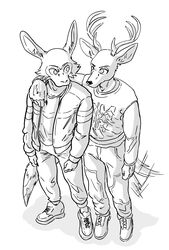  2021 absurd_res anthro antlers arm_on_shoulder beastars black_and_white bottomwear canid canine canis clothed clothing deer duo eye_contact fan_character ffog footwear fur hi_res high-angle_view horn hybrid jacket komodo_dragon lagomorph leporid lizard long_sleeves looking_at_another male mammal monitor_lizard monochrome open_clothing open_jacket open_topwear pants rabbit reptile scales scalie shirt shoes simple_background standing tail tail_motion tailwag topwear white_background wolf 