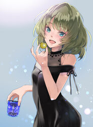  bare_shoulders black_dress blue_background blue_eyes blush breasts collarbone cup dress drinking_glass female food fruit gradient_background green_eyes green_hair hand_up heterochromia holding holding_cup holding_food holding_fruit idolmaster idolmaster_cinderella_girls idolmaster_cinderella_girls_starlight_stage kawaty lens_flare lens_flare_abuse looking_at_viewer medium_breasts mole mole_under_eye open_mouth plum see-through short_hair sleeveless sleeveless_dress smile solo standing takagaki_kaede upper_body 