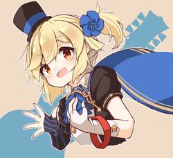  :d ascot asymmetrical_gloves bad_id bad_pixiv_id black_gloves black_hat black_shirt blonde_hair blue_ascot blue_cape blue_flower blush braid brown_background cape commentary_request cropped_torso female flower girls&#039;_frontline gloves hair_between_eyes hair_flower hair_ornament hands_up hat highres matsuo_(matuonoie) mini_hat mini_top_hat mismatched_gloves nagant_revolver_(astral_bond)_(girls&#039;_frontline) nagant_revolver_(girls&#039;_frontline) official_alternate_costume one_side_up open_mouth puffy_short_sleeves puffy_sleeves red_eyes shirt short_sleeves smile solo striped_clothes striped_gloves top_hat uneven_gloves upper_body vertical-striped_clothes vertical-striped_gloves white_gloves 