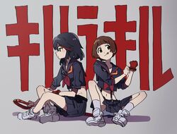  2girls black_hair gloves highres juralumin kill_la_kill mankanshoku_mako matoi_ryuuko midriff multicolored_hair multiple_girls navel pleated_skirt red_hair school_uniform scissor_blade_(kill_la_kill) senketsu serafuku short_hair skirt streaked_hair suspenders translated two-tone_hair 